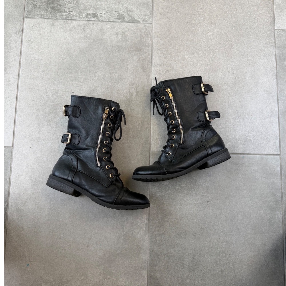 Forever Women Black Leather Style Harness Boots Gold Buckle Mid Calf Size 9